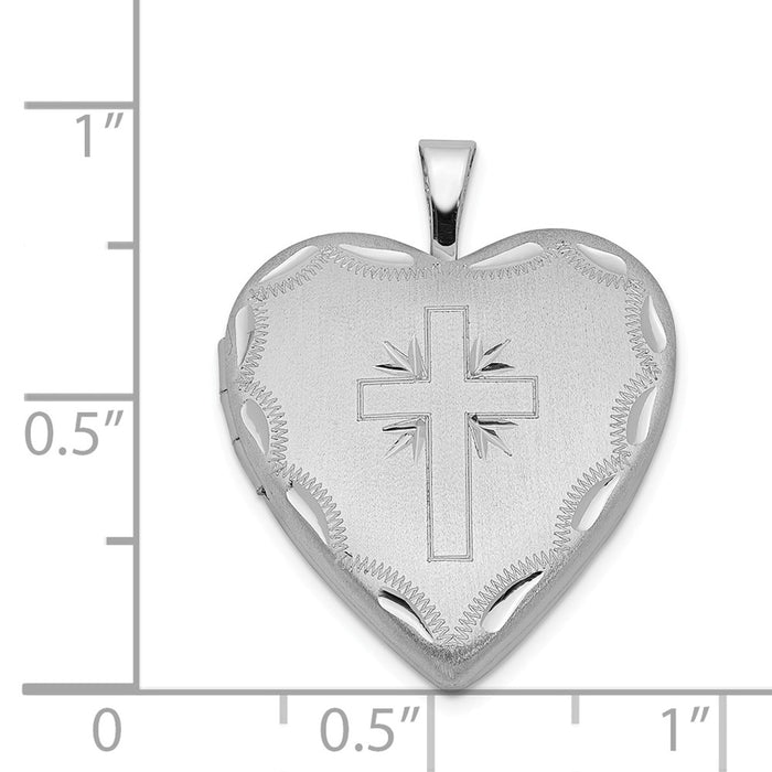 Million Charms 925 Sterling Silver Rhodium-Plated 20Mm Satin & Diamond-Cut Relgious Cross Heart Locket