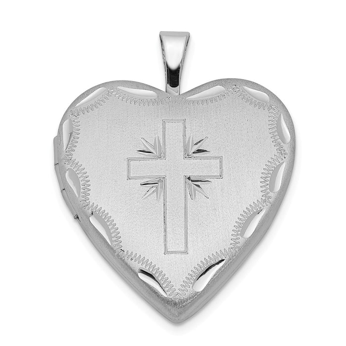 Million Charms 925 Sterling Silver Rhodium-Plated 20Mm Satin & Diamond-Cut Relgious Cross Heart Locket