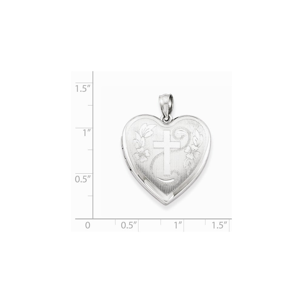 Million Charms 925 Sterling Silver Rhodium-Plated 24Mm Diamond-Cut Relgious Cross Heart Locket