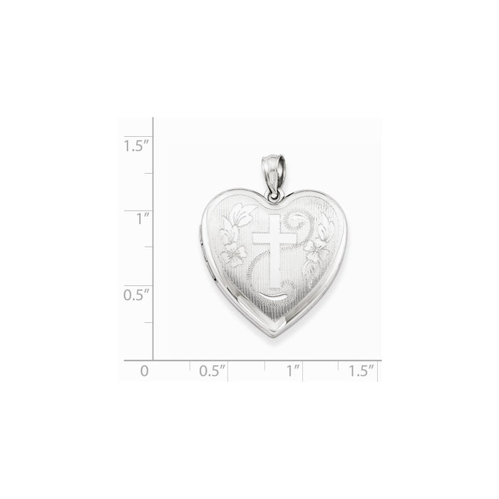 Million Charms 925 Sterling Silver Rhodium-Plated 24Mm Diamond-Cut Relgious Cross Heart Locket