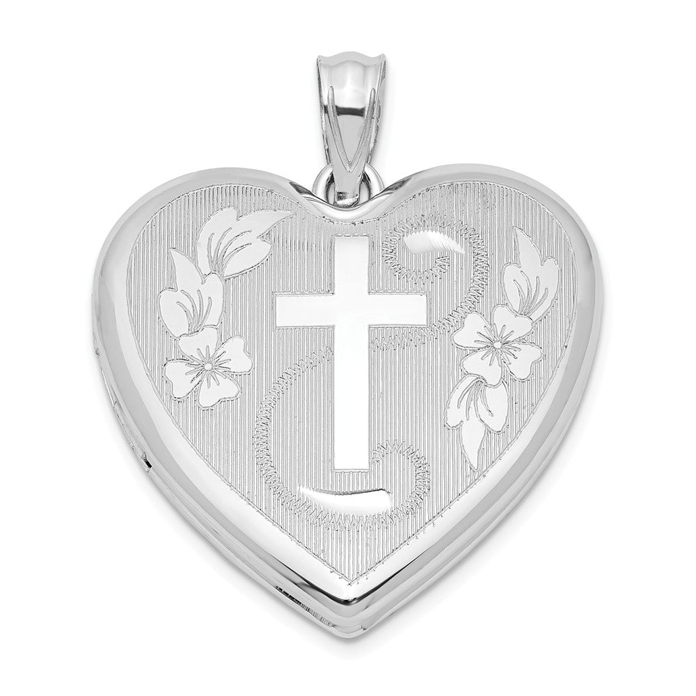 Million Charms 925 Sterling Silver Rhodium-Plated 24Mm Diamond-Cut Relgious Cross Heart Locket