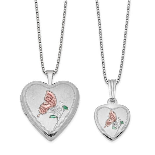 Stella Silver Jewelry Set - 925 Sterling Silver Rhodium-plated Polished and Satin Butterfly Heart Locket & Pendant Set