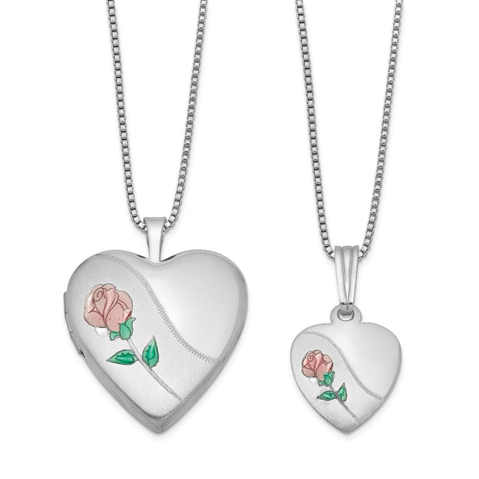 Stella Silver Jewelry Set - 925 Sterling Silver Rhodium-plated Polished and Satin Rose Heart Locket & Pendant Set