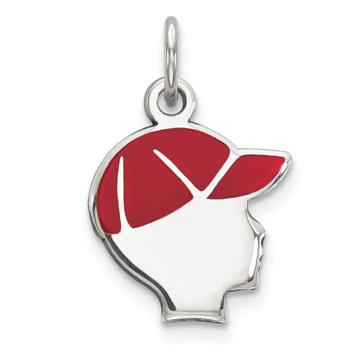 Million Charms 925 Sterling Silver Rhod-Plate Red Enamel Right Facing Boy Head Disc Charm