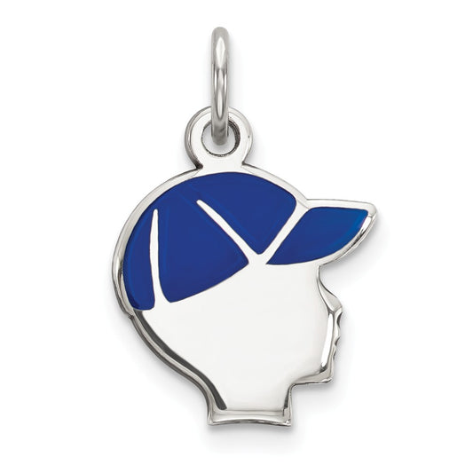 Million Charms 925 Sterling Silver Rhod-Plate Blue Enamel Right Facing Boy Head Disc Charm