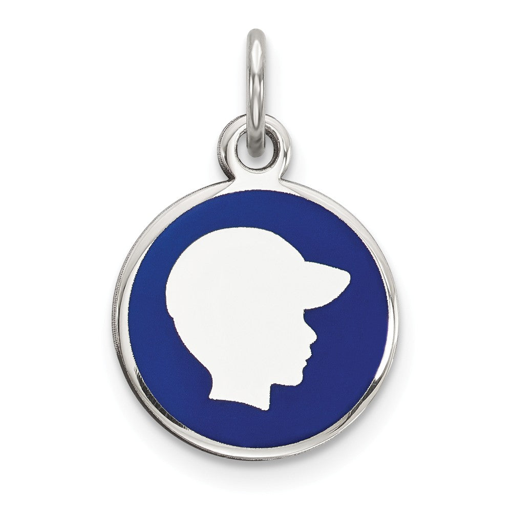 Million Charms 925 Sterling Silver Rhod-Plate Blue Enamel Right Facing Boy Head Disc Charm