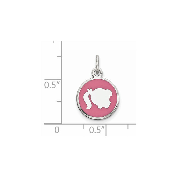 Million Charms 925 Sterling Silver Rhod-Plate Pink Enamel Right Facing Girl Head Disc Charm