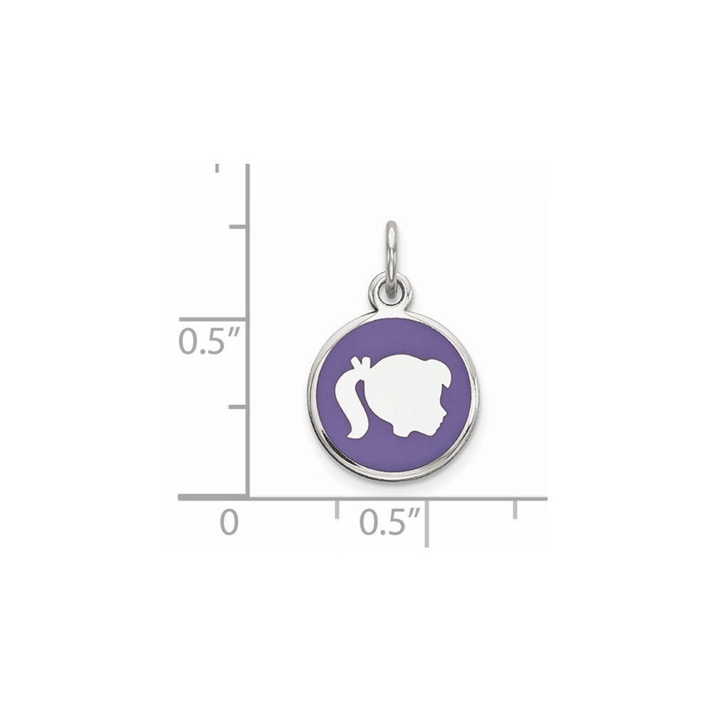 Million Charms 925 Sterling Silver Rhod-Plate Purple Enamel Right Facing Girl Head Disc Charm