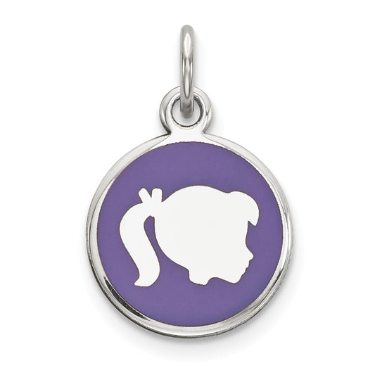 Million Charms 925 Sterling Silver Rhod-Plate Purple Enamel Right Facing Girl Head Disc Charm