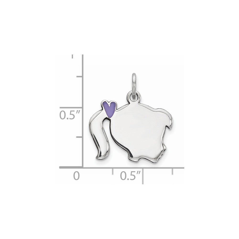 Million Charms 925 Sterling Silver Rhod-Plate Purple Enamel Right Facing Girl Head Disc Charm