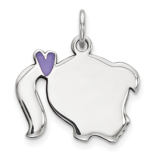 Million Charms 925 Sterling Silver Rhod-Plate Purple Enamel Right Facing Girl Head Disc Charm