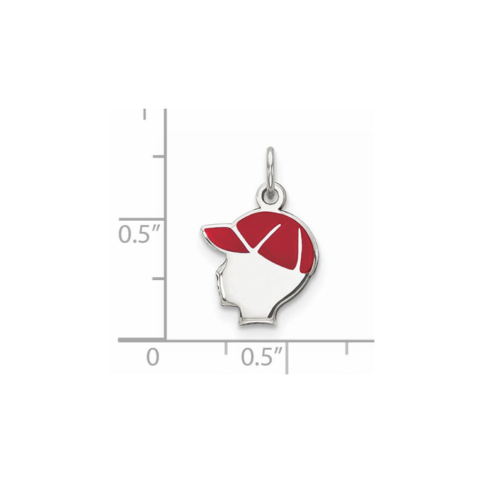 Million Charms 925 Sterling Silver Rhod-Plate Red Enamel Left Facing Boy Head Disc Charm