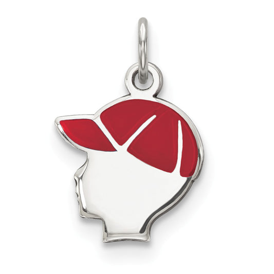 Million Charms 925 Sterling Silver Rhod-Plate Red Enamel Left Facing Boy Head Disc Charm