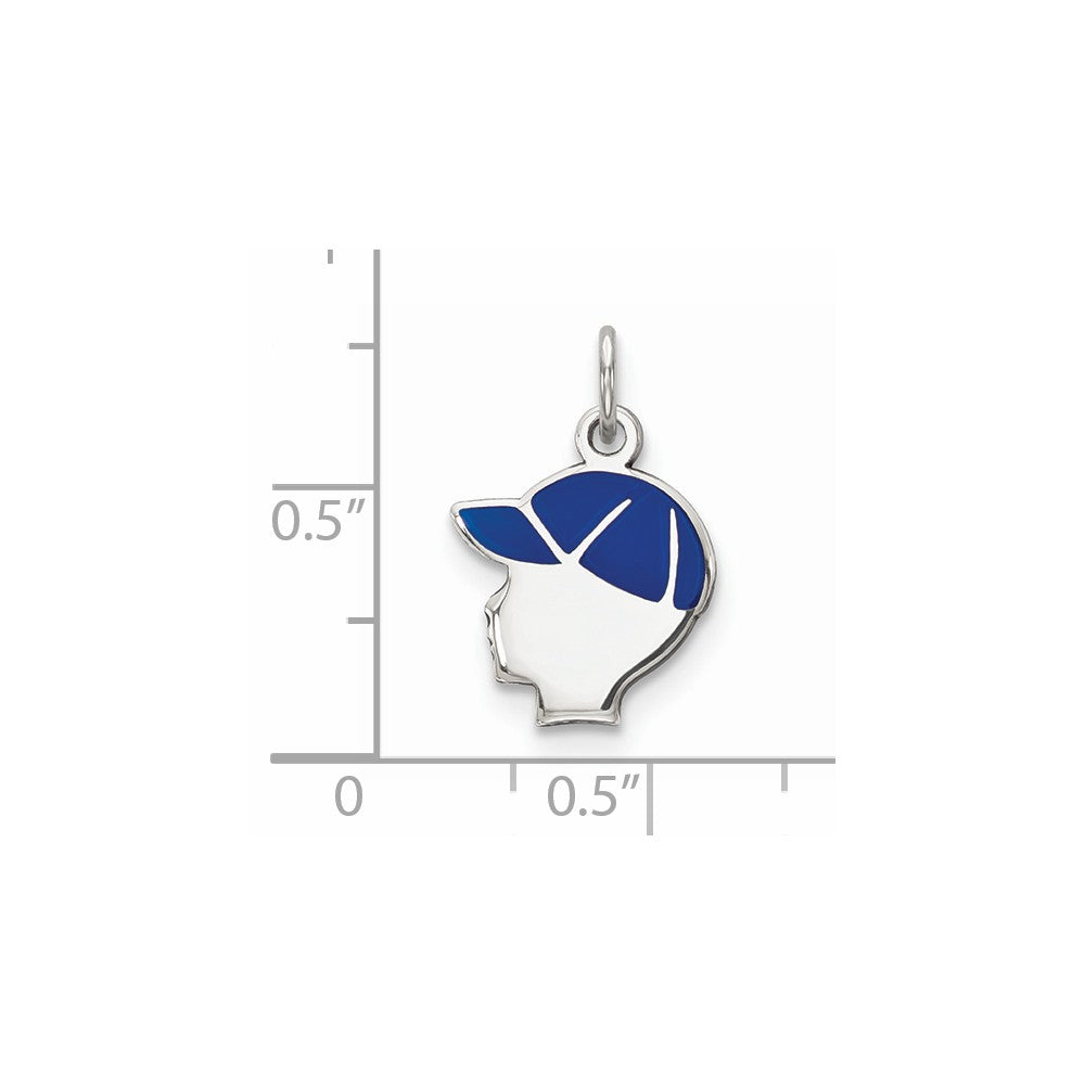Million Charms 925 Sterling Silver Rhod-Plate Blue Enamel Left Facing Boy Head Disc Charm