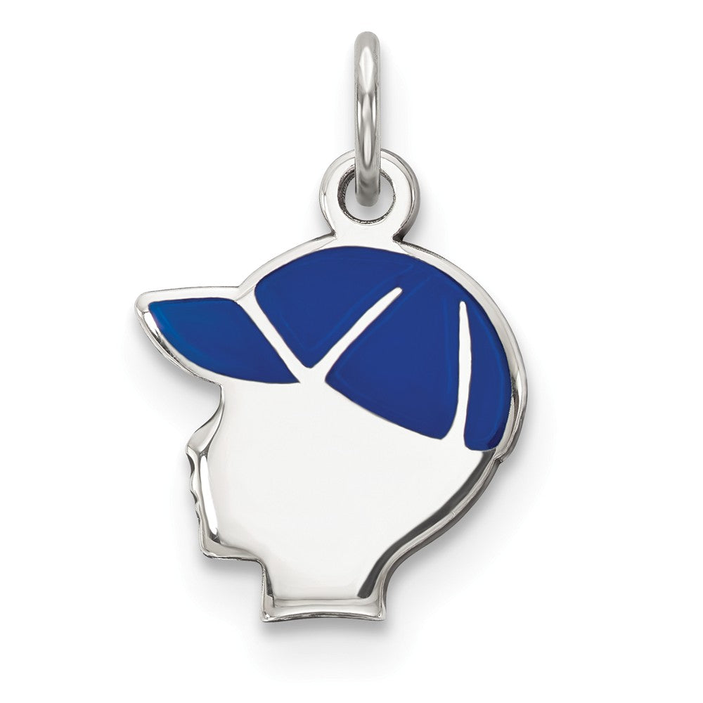 Million Charms 925 Sterling Silver Rhod-Plate Blue Enamel Left Facing Boy Head Disc Charm
