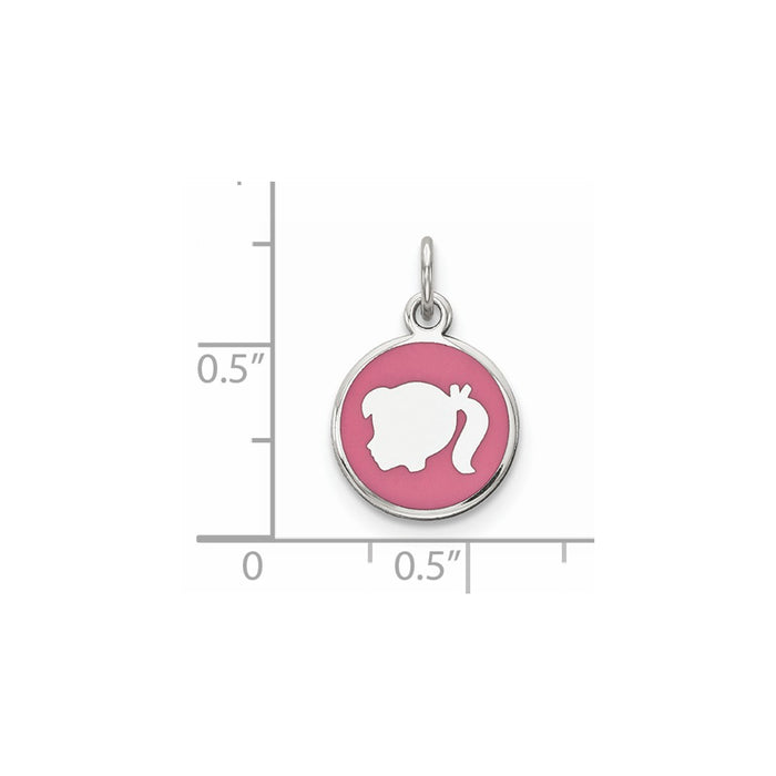Million Charms 925 Sterling Silver Rhod-Plate Pink Enamel Left Facing Girl Head Disc Charm