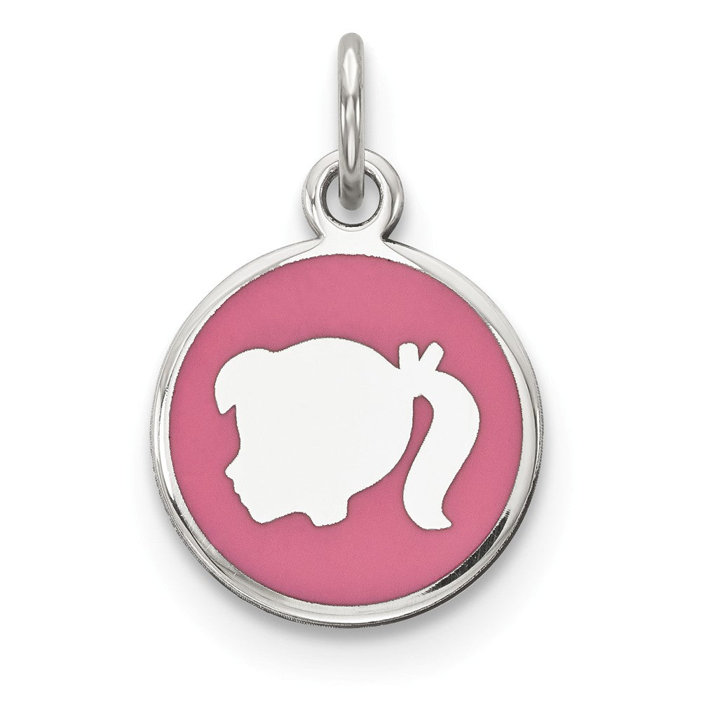 Million Charms 925 Sterling Silver Rhod-Plate Pink Enamel Left Facing Girl Head Disc Charm