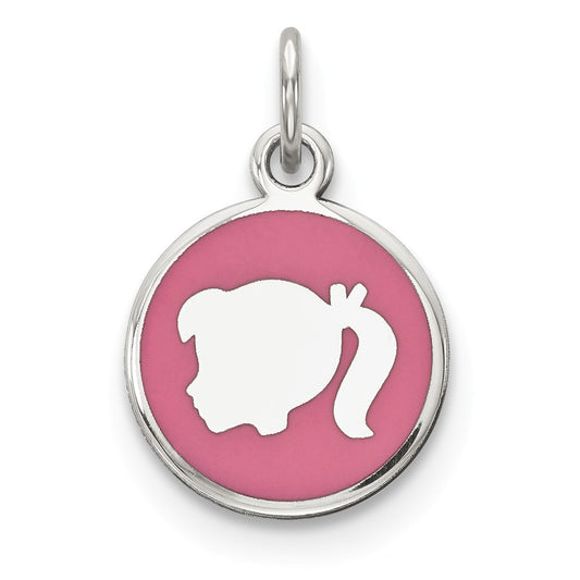 Million Charms 925 Sterling Silver Rhod-Plate Pink Enamel Left Facing Girl Head Disc Charm