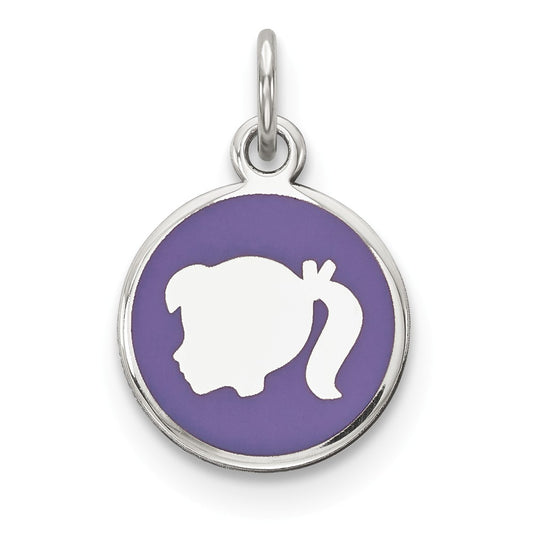 Million Charms 925 Sterling Silver Rhod-Plate Purple Enamel Left Facing Girl Head Disc Charm
