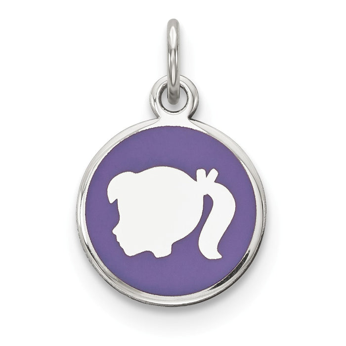 Million Charms 925 Sterling Silver Rhod-Plate Purple Enamel Left Facing Girl Head Disc Charm