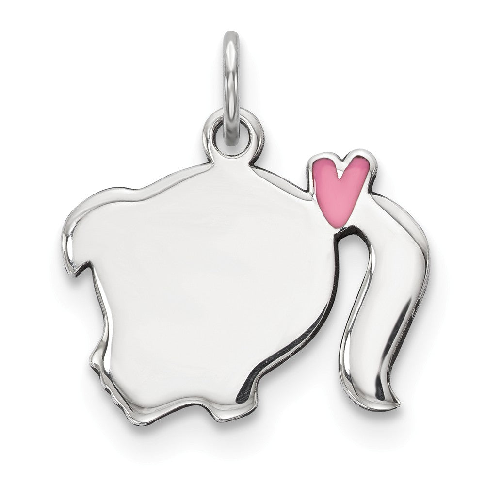 Million Charms 925 Sterling Silver Rhod-Plate Pink Enamel Left Facing Girl Head Disc Charm