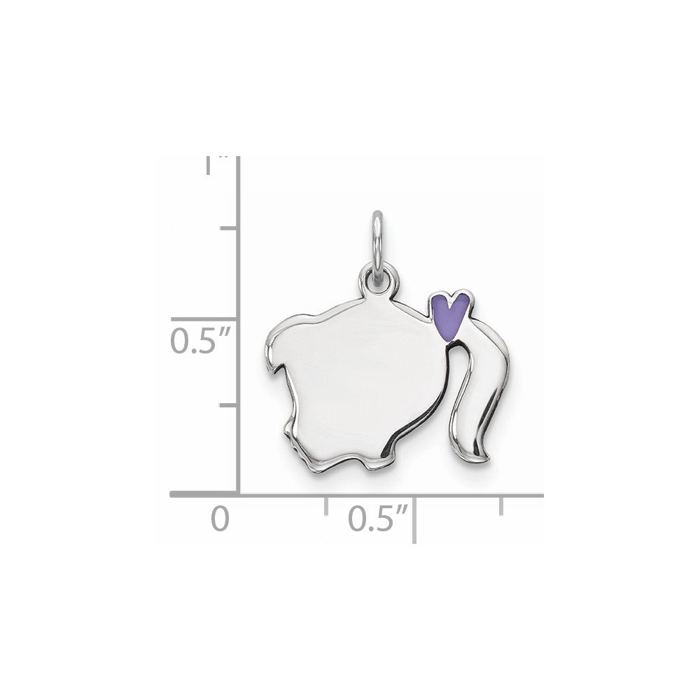 Million Charms 925 Sterling Silver Rhod-Plate Purple Enamel Left Facing Girl Head Disc Charm