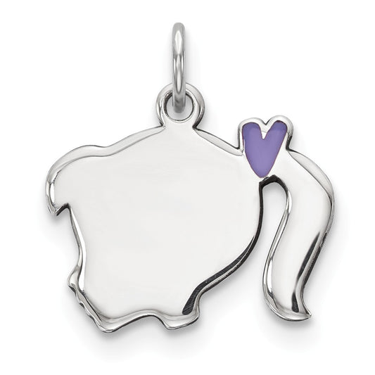 Million Charms 925 Sterling Silver Rhod-Plate Purple Enamel Left Facing Girl Head Disc Charm