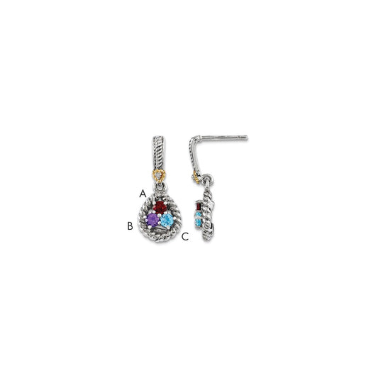 Sterling Silver & 14k Three-stone and Diamond Mother's Earring Semi-Mount, 23mm x 10mm