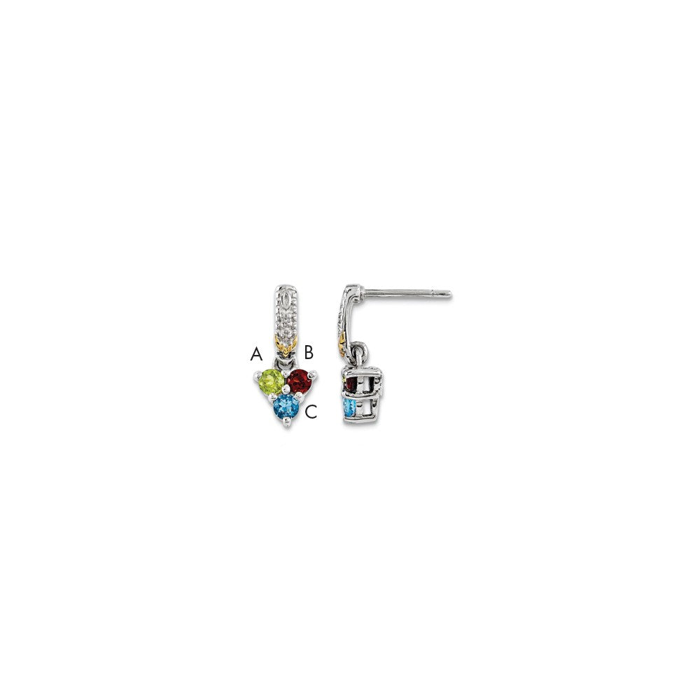 Stella Silver 925 Sterling Silver & 14k Three-stone and Diamond Mother's Earring, 17mm x 8mm