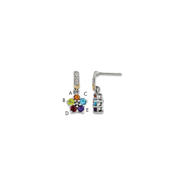 Sterling Silver & 14k Five-stone and Diamond Mother's Earring Semi-Mount, 19mm x 9mm