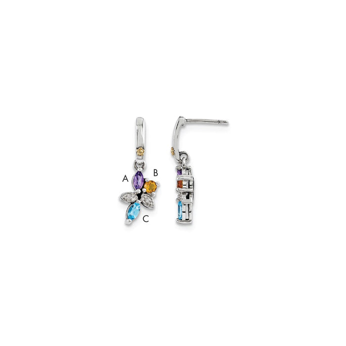 Stella Silver 925 Sterling Silver & 14k Three-stone and Diamond Mother's Earring, 26mm x 10mm