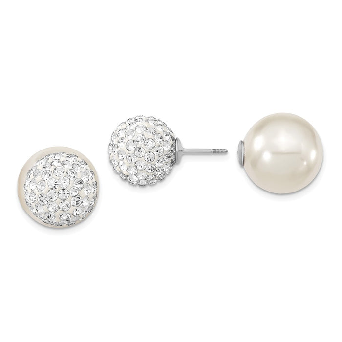 Million Charms 925 Sterling S Majestik Rhodium Plated 12-13mm &  14-15mm Imitation Shell Pearl White/Cubic Zirconia ( CZ ) Earrings, 12 to 15mm x 12 to 15mm