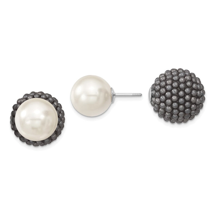 Million Charms 925 Sterling S Majestik Rhodium Plated 11-12mm & 15-16mm Imitation Shell Pearl Grey/White Earrings, 11 to 16mm x 11 to 16mm