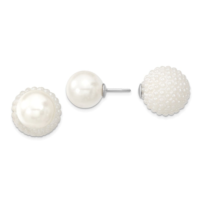 Million Charms 925 Sterling S Majestik Rhodium Plated 11-12mm & 15-16mm Imitation Shell Pearl White/White Earrings, 11 to 16mm x 11 to 16mm