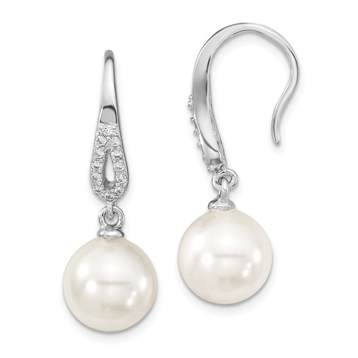 Million Charms 925 Sterling S Majestik Rhodium Plated 10mm White Imitation Shell Pearl &  Cubic Zirconia ( CZ ) Dangle Earrings, 10 to 11mm x 10 to 11mm