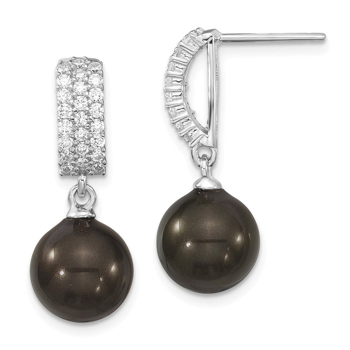 Million Charms 925 Sterling S Majestik Rhodium Plated 10-11mm Black  Imitation Shell Pearl &  Cubic Zirconia ( CZ ) Dangle Earrin, 10 to 11mm x 10 to 11mm