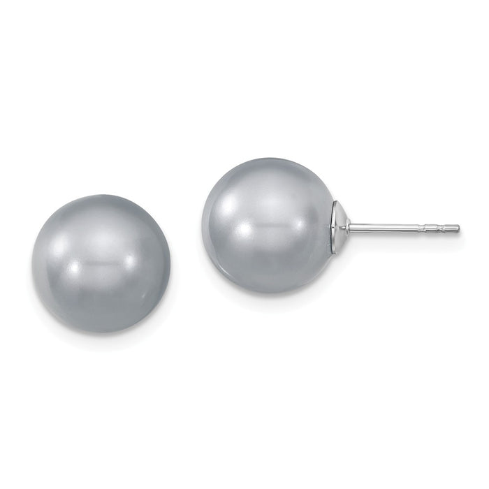 Million Charms 925 Sterling S Majestik Rhodium Plated 10-11mm Grey Imitation Shell Pearl Stud Earrings, 10 to 11mm x 10 to 11mm