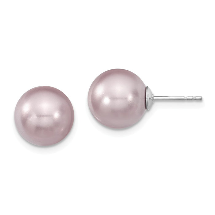 Million Charms 925 Sterling S Majestik Rhodium Plated 10-11mm Purple Imitation Shell Pearl Stud Earrings, 10 to 11mm x 10 to 11mm