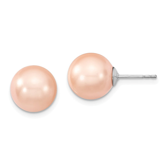 Million Charms 925 Sterling S Majestik Rhodium Plated 10-11mm Pink Imitation Shell Pearl Stud Earrings, 10 to 11mm x 10 to 11mm