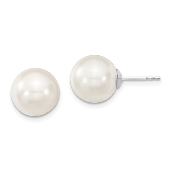 Stella Silver 925 Sterling Silver Majestik Rhodium Plated 10-11mm White Imitation Shell Pearl Stud Earrings, 10 to 11mm x 10 to 11mm