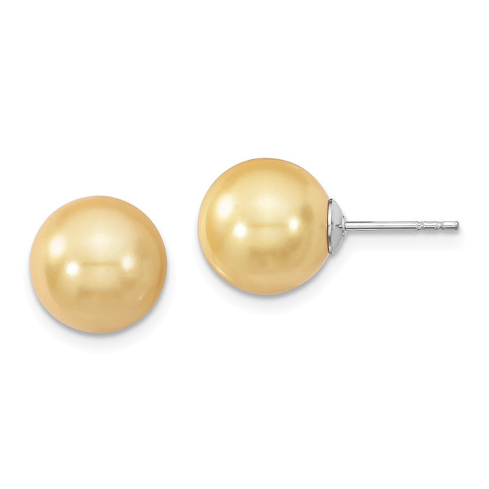 Million Charms 925 Sterling S Majestik Rhodium Plated 10-11mm Yellow Imitation Shell Pearl Stud Earrings, 10 to 11mm x 10 to 11mm