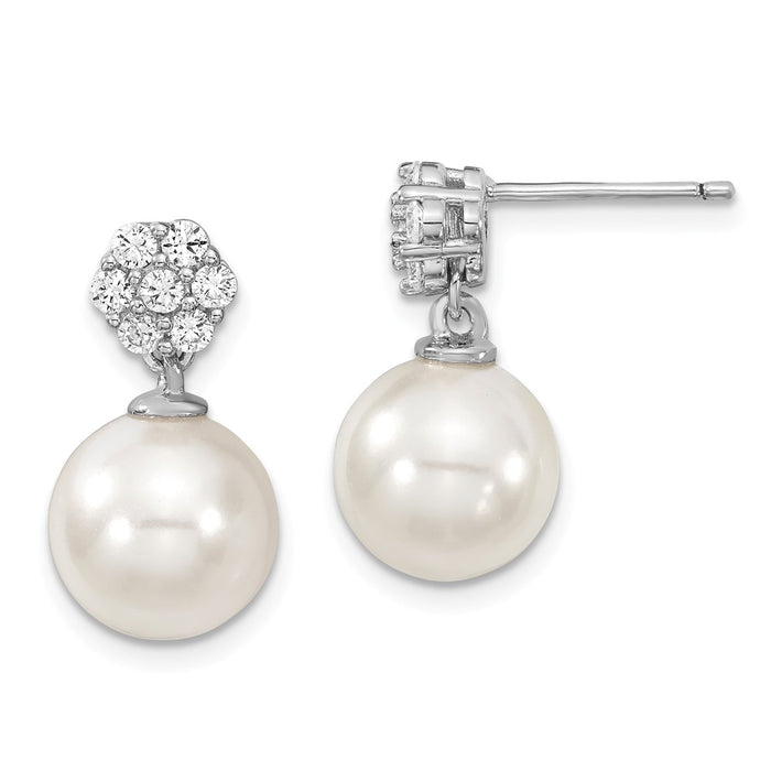 Million Charms 925 Sterling S Majestik Rhodium Plated 10-11mm White Imitation Shell Pearl Cubic Zirconia ( CZ ) Post Dangle Earrings, 10.25mm