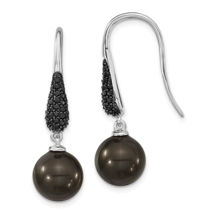 Million Charms 925 Sterling S Majestik Rhodium Plated 10-11mm Black  Imitation Shell Pearl Black  Cubic Zirconia ( CZ ) Dangle Earr, 10.25mm