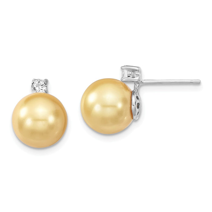 Million Charms 925 Sterling S Majestik Rhodium Plated 10-11mm Yellow Imitation Shell Pearl Cubic Zirconia ( CZ ) Post Earring, 10.25mm