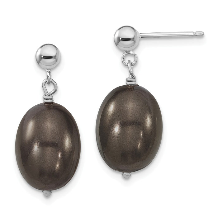 Million Charms 925 Sterling S Majestik Rhodium Plated10-11mm Black  Rice Imitation Shell Pearl Post Dangle Ea, 10.25mm