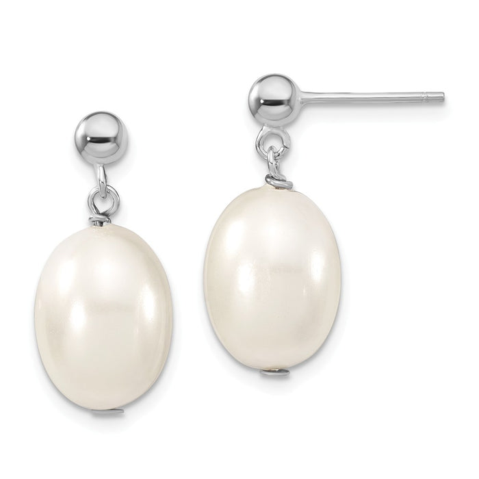 Million Charms 925 Sterling S Majestik Rhodium Plated10-11mm White Rice Imitation Shell Pearl Post Dangle Ea, 10.25mm