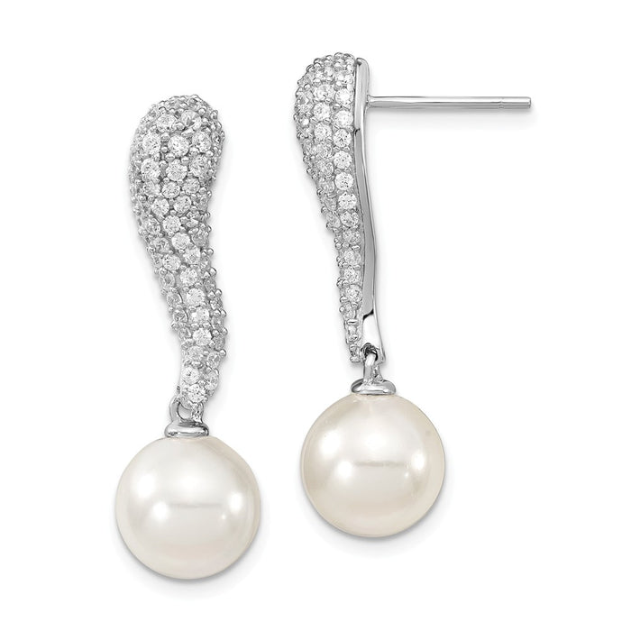 Million Charms 925 Sterling S Majestik Rhodium Plated 10-11mm White Imitation Shell Pearl Cubic Zirconia ( CZ ) Post Dangle Earrings, 10mm