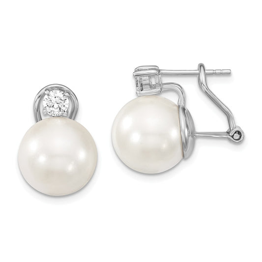 Million Charms 925 Sterling S Majestik Rhodium Plated 12-13mm White Imitation Shell Pearl Cubic Zirconia ( CZ ) Omega Back Earr, 12mm