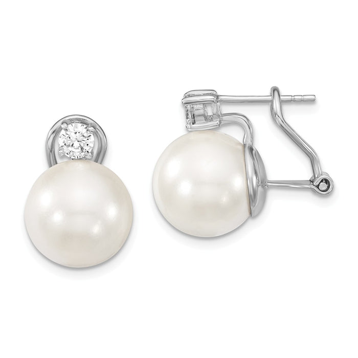 Million Charms 925 Sterling S Majestik Rhodium Plated 12-13mm White Imitation Shell Pearl Cubic Zirconia ( CZ ) Omega Back Earr, 12mm