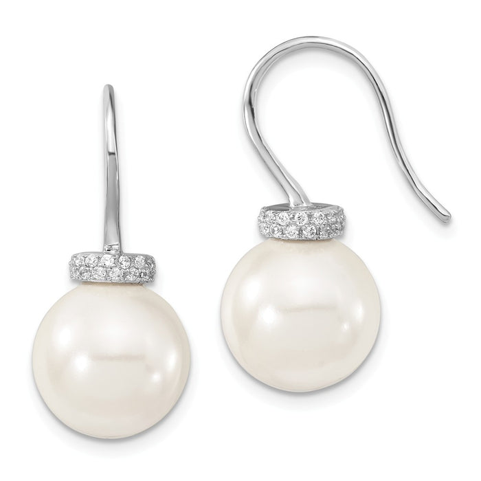 Million Charms 925 Sterling S Majestik Rhodium Plated 11-12mm White Imitation Shell Pearl Cubic Zirconia ( CZ ) Dangle Earrings, 11.9mm